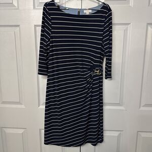 Charter Club Petite Large Navy White Striped Dress Nautical Belted Ruched Midi‎